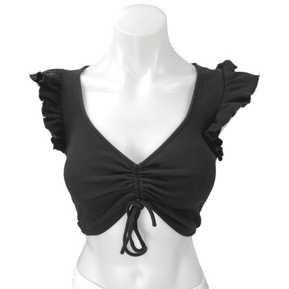 Zara Black Rib Knit Ruffle Flutter Sleeve V-Neck Drawstring Cropped Top Size M - Picture 1 of 4